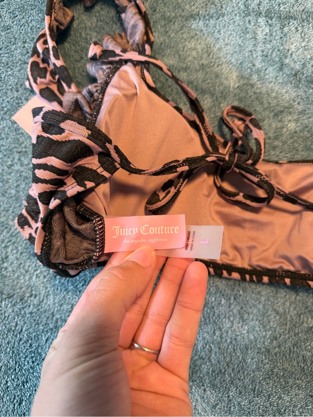 Juicy Couture Ruffled Bikini Set Pink & Black Leopard Print Sz L High Waist NWT - Picture 5 of 13